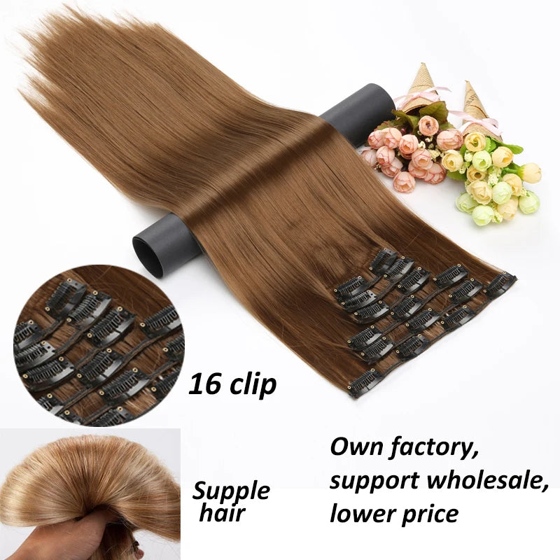 A bundle of long straight brown hair extensions with black clips shown alongside a circular view of the clips and a hand hold
