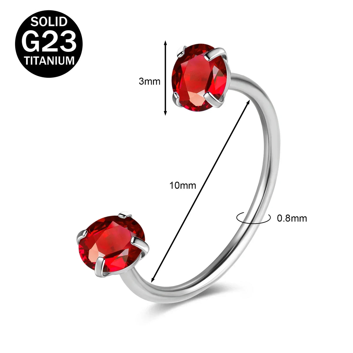 A sterling silver titanium nose ring featuring a round, red CZ crystal gemstone.