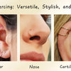Bilder verschiedener All-in-One-Piercings: Lippe, Ohr, Nase, Knorpel und Septum.