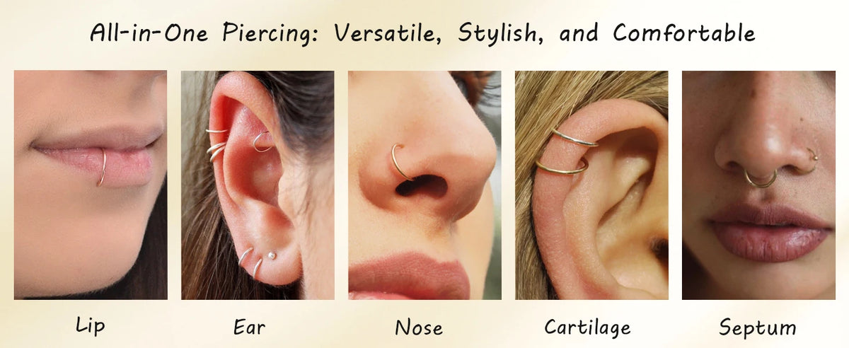 Bilder verschiedener All-in-One-Piercings: Lippe, Ohr, Nase, Knorpel und Septum.