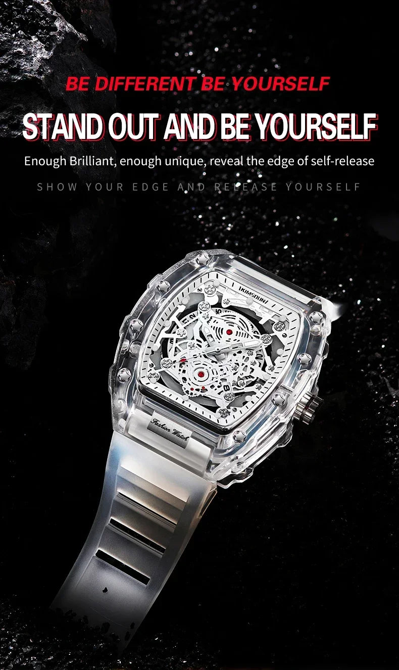 A close-up shot of a silver luminous calendar men's quartz watch with a clear crystal and metal band.