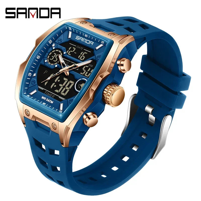 Blau-rosa Gold Herren-Chronographen-Armbanduhr mit Silikonband.