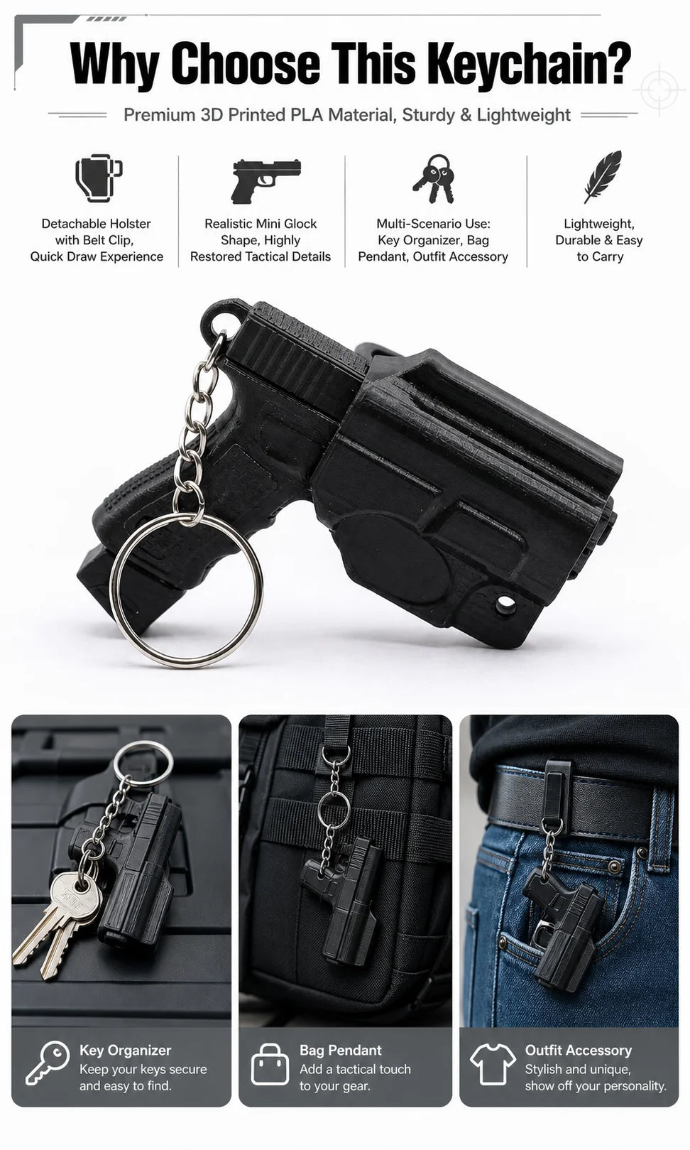 Black tactical pistol keychain featuring a detachable holster and various organizational accessories.