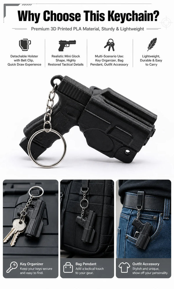 Black tactical pistol keychain featuring a detachable holster and various organizational accessories.