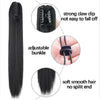 Black straight hair extensions shown with details on claw clip, adjustable bunkle, and smooth split end.