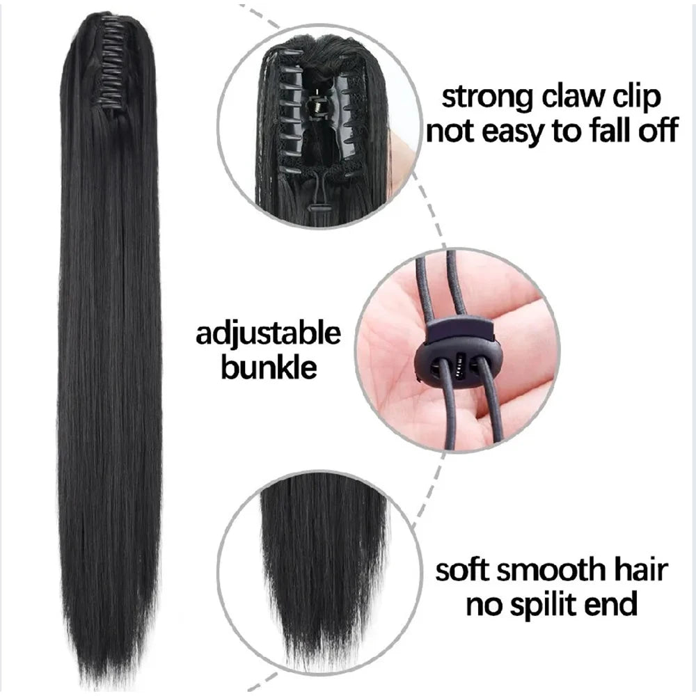 Black straight hair extensions shown with details on claw clip, adjustable bunkle, and smooth split end.