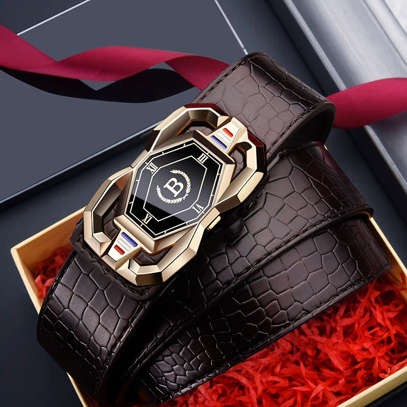 A dark brown leather men's automatic buckle belt with a gold-toned watch face and a red ribbon, displayed in a wooden box.