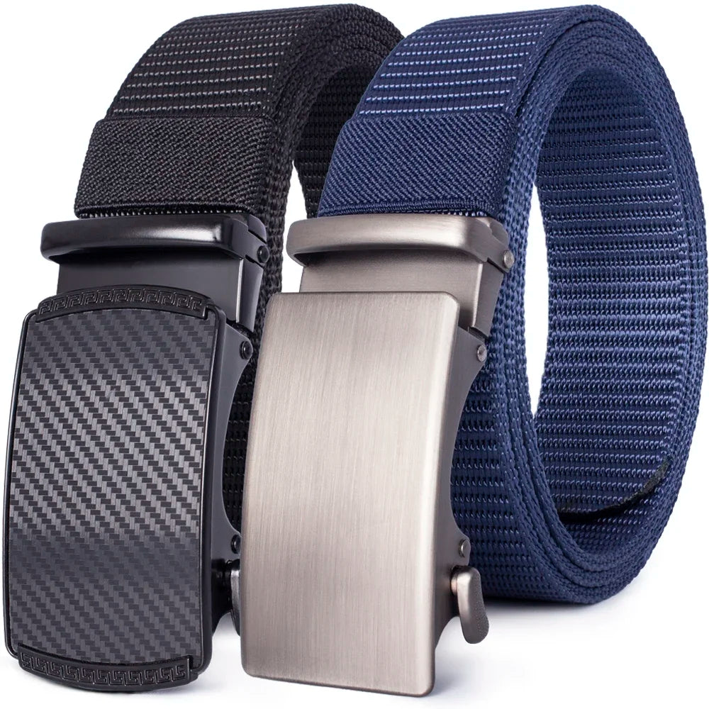A dark blue tactical canvas utility belt with a silver buckle and black nylon webbing.