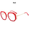 Red anti-blue light eyeglasses frame with gold accents