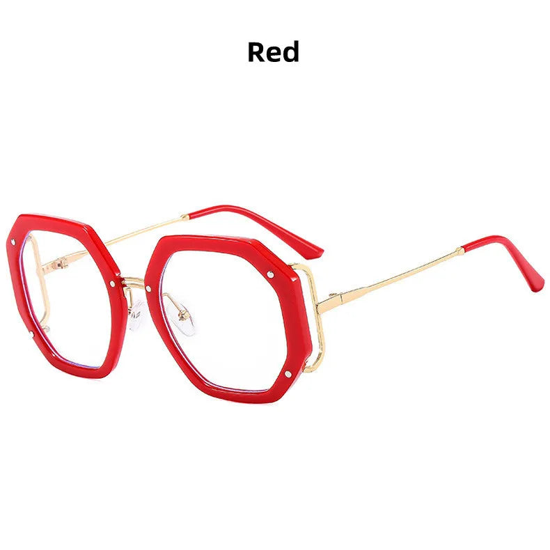 Red anti-blue light eyeglasses frame with gold accents