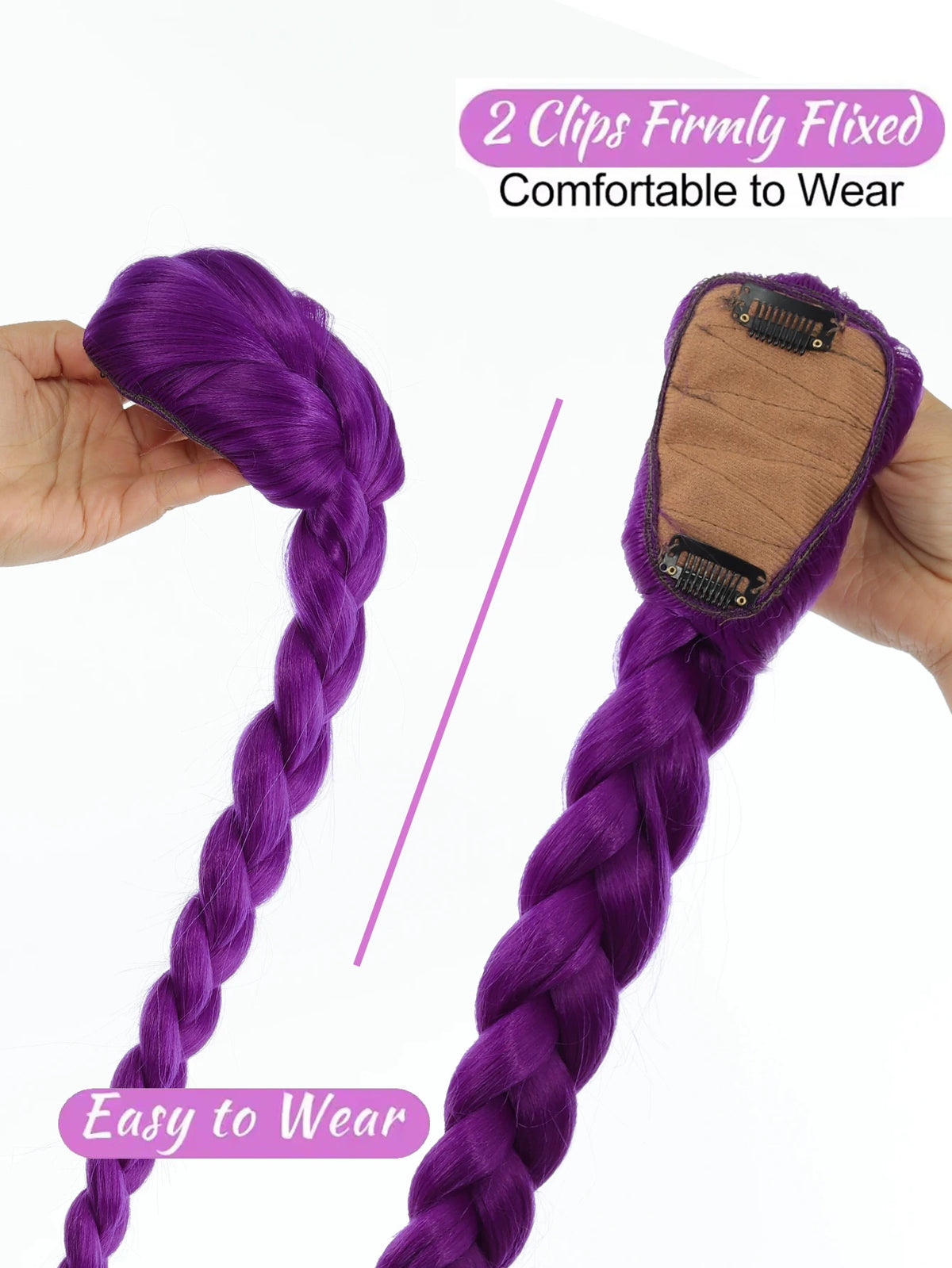 Purple synthetic braided ponytail for kids girls with a wooden grip