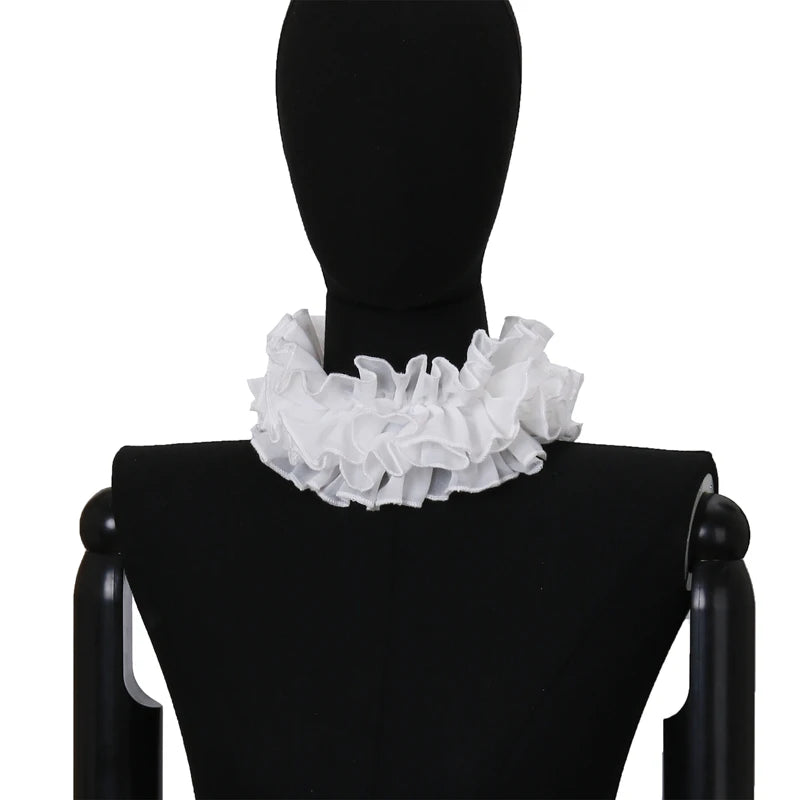 A black mannequin displays a white decorative pleated ruffle stand collar sweater.