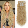 Long blonde curly hair extensions featuring 16 individual clips for wavy styling