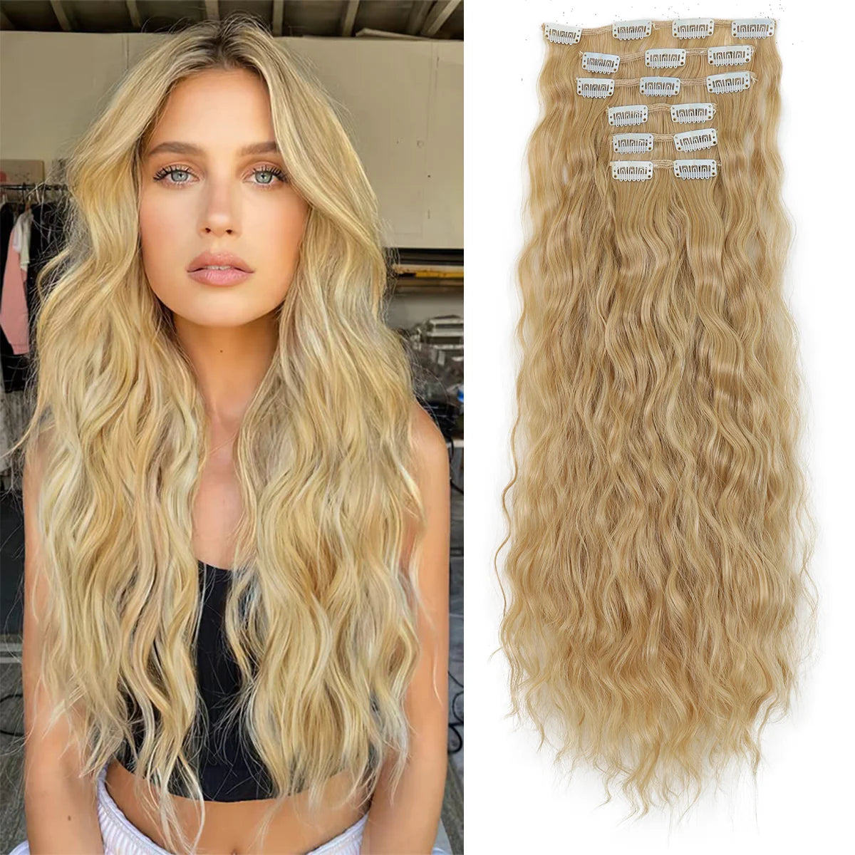 Long blonde curly hair extensions featuring 16 individual clips for wavy styling