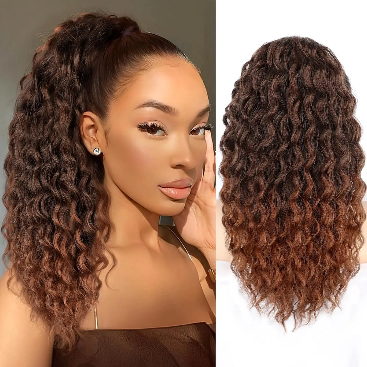 Close-up of a woman with long, dark brown curly hair styled in a voluminous ponytail using drawstring extensions.