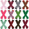 A collection of knitted fingerless gloves in various stripes and solid colors, including pink, red, green, and black.