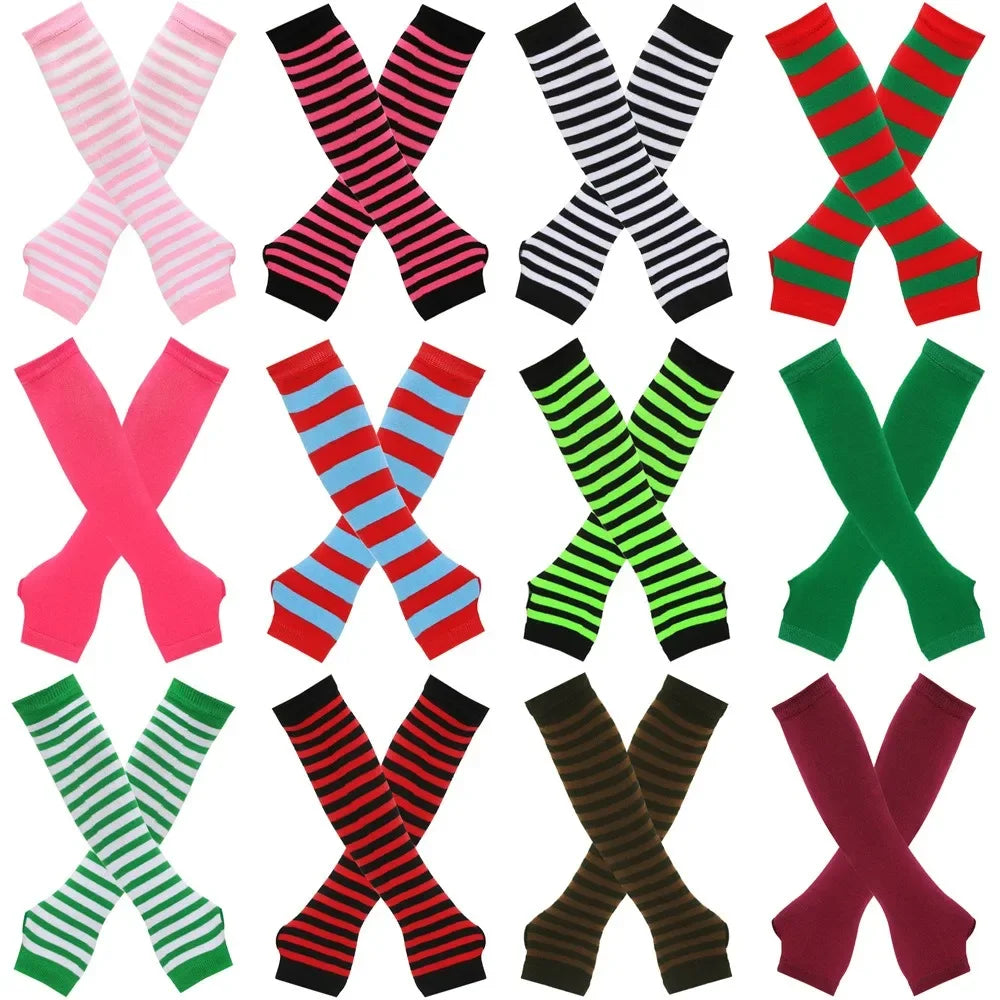 A collection of knitted fingerless gloves in various stripes and solid colors, including pink, red, green, and black.