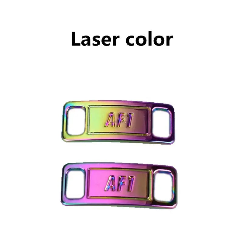 Two metallic silver and pink laser colored AF1 diamond shoe charms and laces