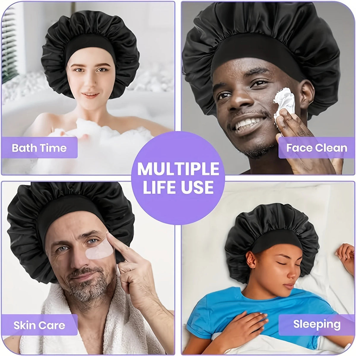 Bonnet en soie satinée utilisé pour le bain, le nettoyage du visage, les soins de la peau et le sommeil.
