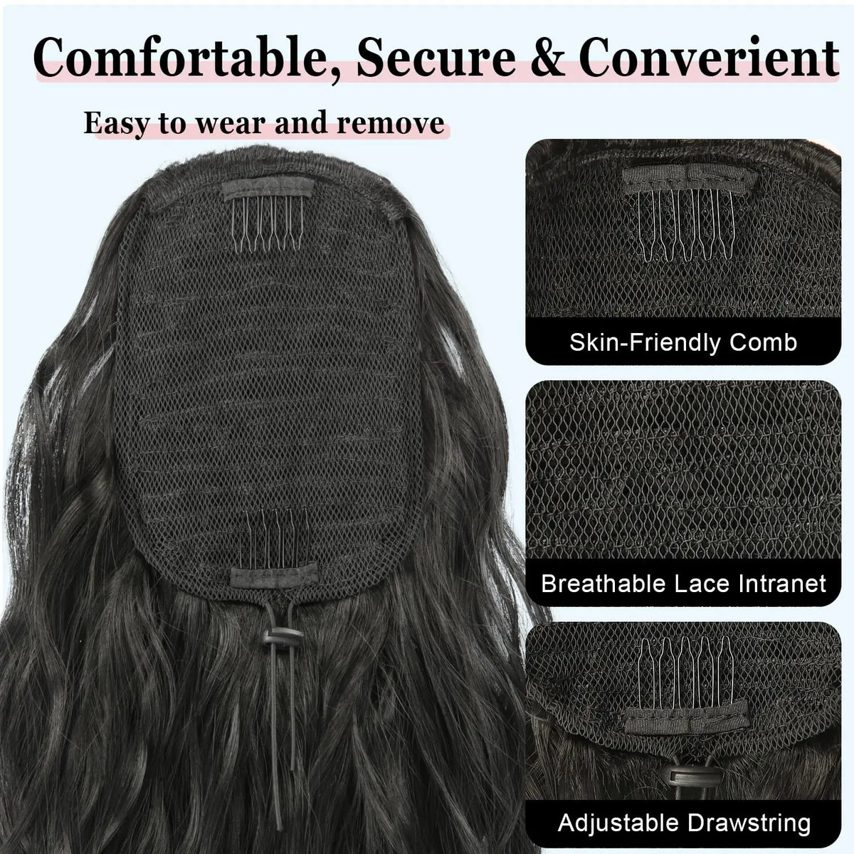 Gros plan sur une peigne pour extensions de cheveux en maille noire avec une lace et un cordon réglable.