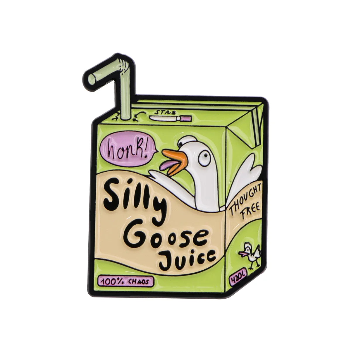 A green enamel pin shaped like a goose with a straw and text that reads honk