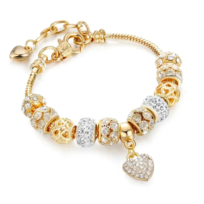 A gold and diamond beaded love bracelet set for women featuring multiple elements.