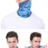 A man wearing a blue and black patterned sun protection scarf around his neck.