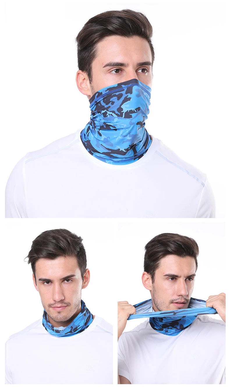 A man wearing a blue and black patterned sun protection scarf around his neck.