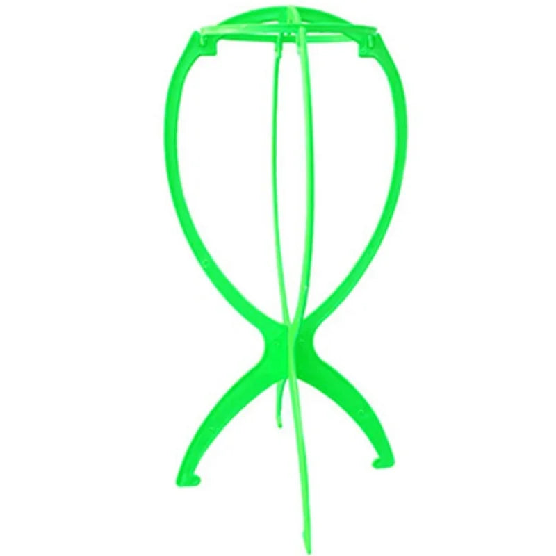 Soporte plegable portátil de peluca verde brillante con marco curvo.