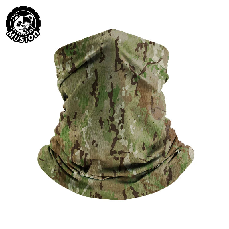 A camouflage patterned fabric mask scarf for breathable motorcycle and outdoor use.