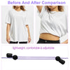 Before and after comparison showing an adjustable crop tuck band worn on a white shirt.