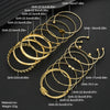 A set of gold geometric stackable minimalist bracelets shown in various sizes and angles.