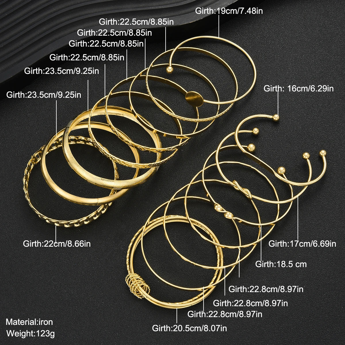 A set of gold geometric stackable minimalist bracelets shown in various sizes and angles.
