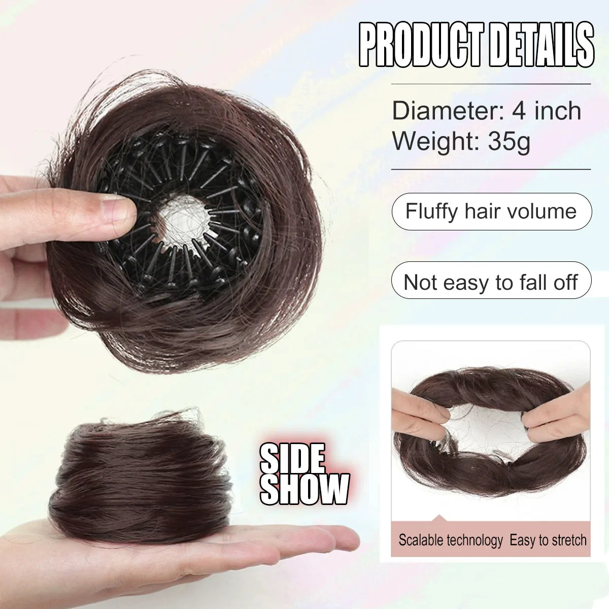 A hand holds a dark brown synthetic hair bun with elastic clips, showing the texture and size of the hair.