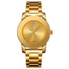 A gold-toned minimalist quartz wristwatch with a round face and bezel on a leather strap.