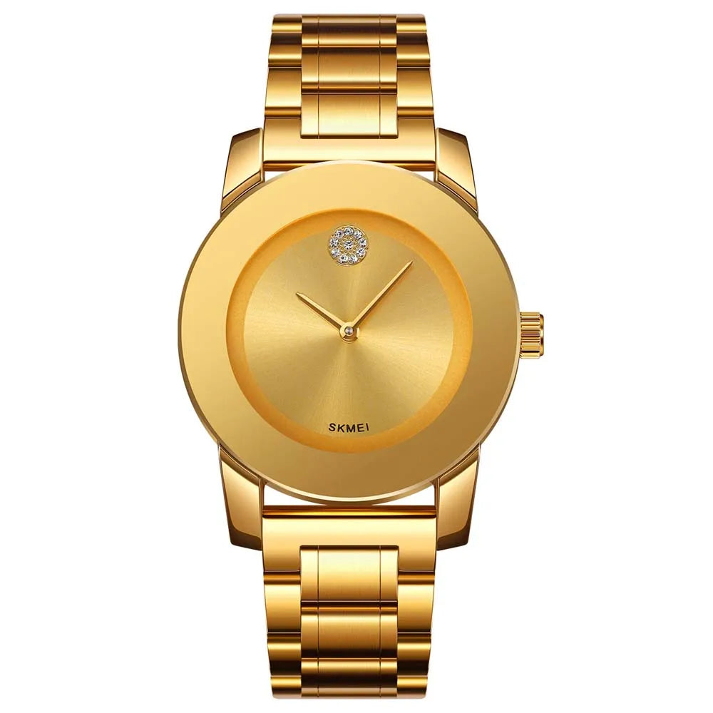 A gold-toned minimalist quartz wristwatch with a round face and bezel on a leather strap.