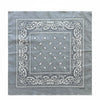 Gray cotton bandana scarf featuring intricate white paisley embroidery on a square fabric.