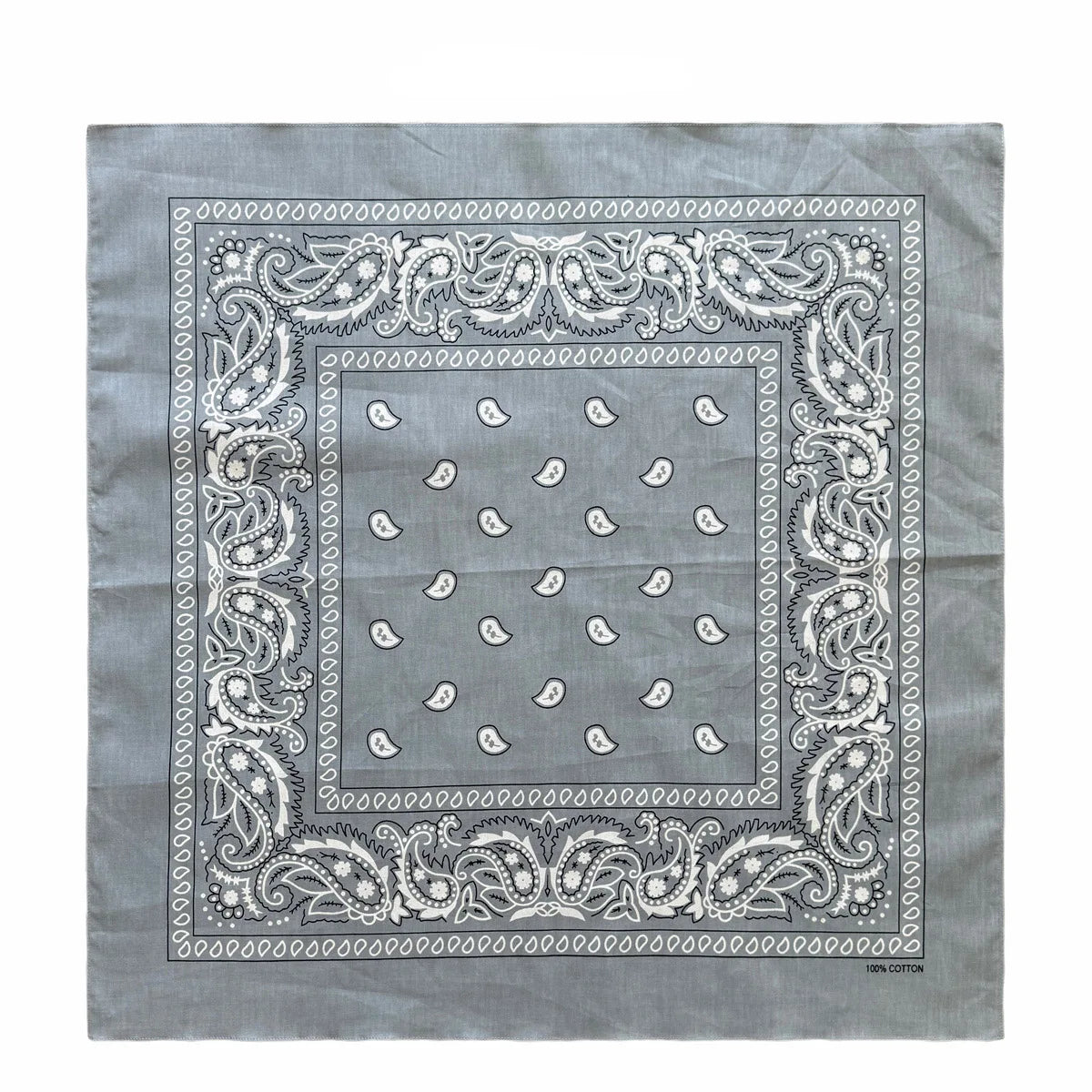 Gray cotton bandana scarf featuring intricate white paisley embroidery on a square fabric.