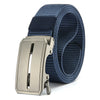 A close-up view of a tan tactical canvas utility belt with a silver buckle and blue nylon webbing.
