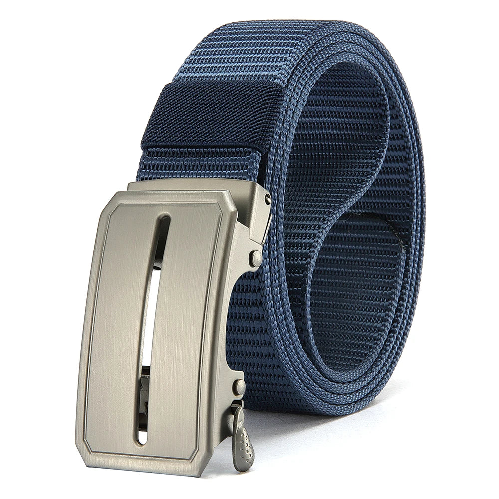 A close-up view of a tan tactical canvas utility belt with a silver buckle and blue nylon webbing.