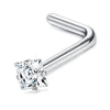 Surgical stainless steel nose piercing stud with a clear diamond-cut gemstone and a curved bar.