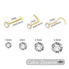 Gold-finished stainless steel nostril studs with crystal accents and various sizes