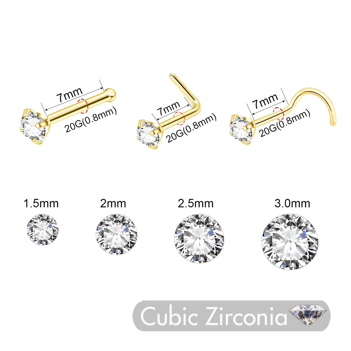 Gold-finished stainless steel nostril studs with crystal accents and various sizes