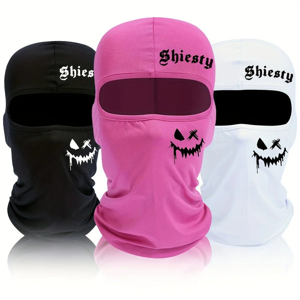 Three pink, black, and white stylish printed balaclava face masks displayed together.