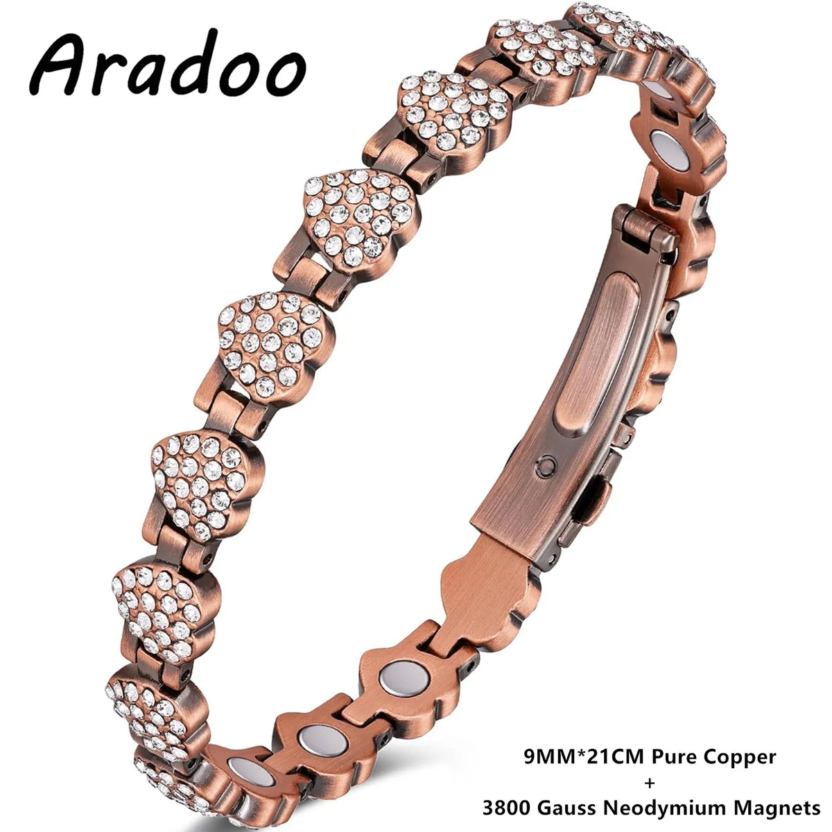 A close-up view of a bronze crystal bracelet featuring textured links and studded with clear crystals.