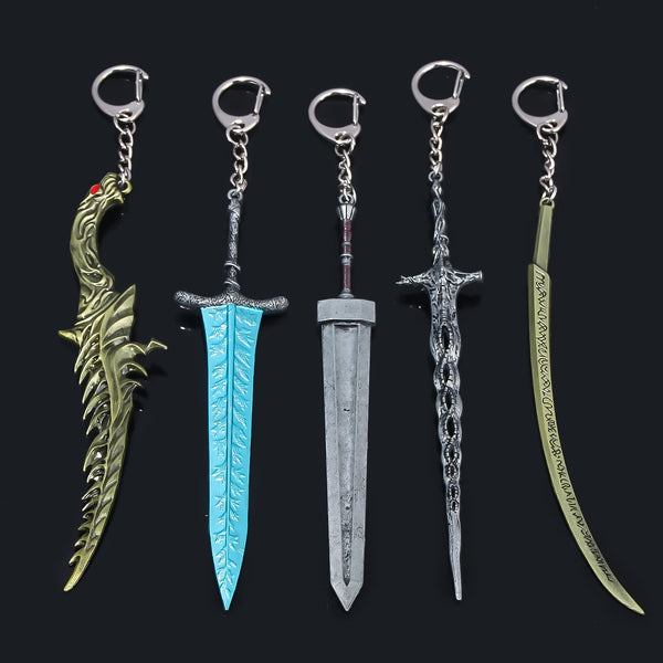 A set of five silver and gold keychains featuring various sword and dagger pendants for anime and cosplay jewelry