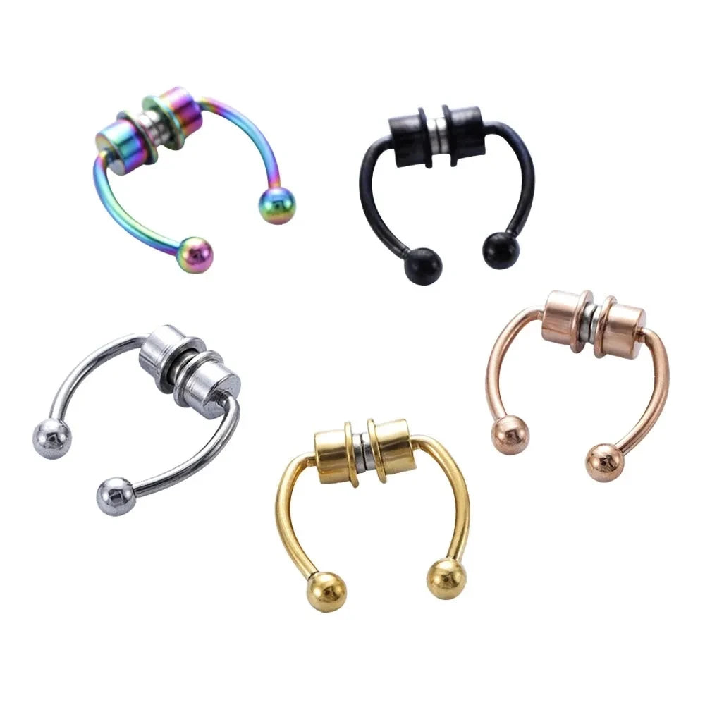 A collection of various fashion statement nose ring hoop jewelry in different metals and styles.