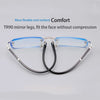 Pair of clear blue framed reading glasses with flexible mirror legs shown against a light gray background.