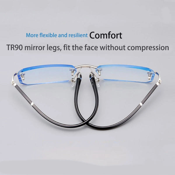 Pair of clear blue framed reading glasses with flexible mirror legs shown against a light gray background.