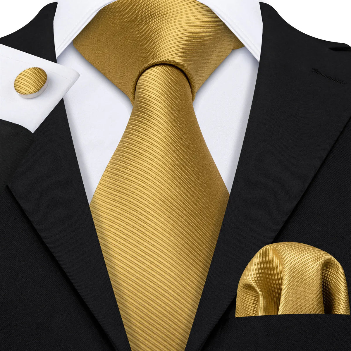 A close-up of a men's silk jacquard tie set featuring a gold striped tie and a black suit jacket.